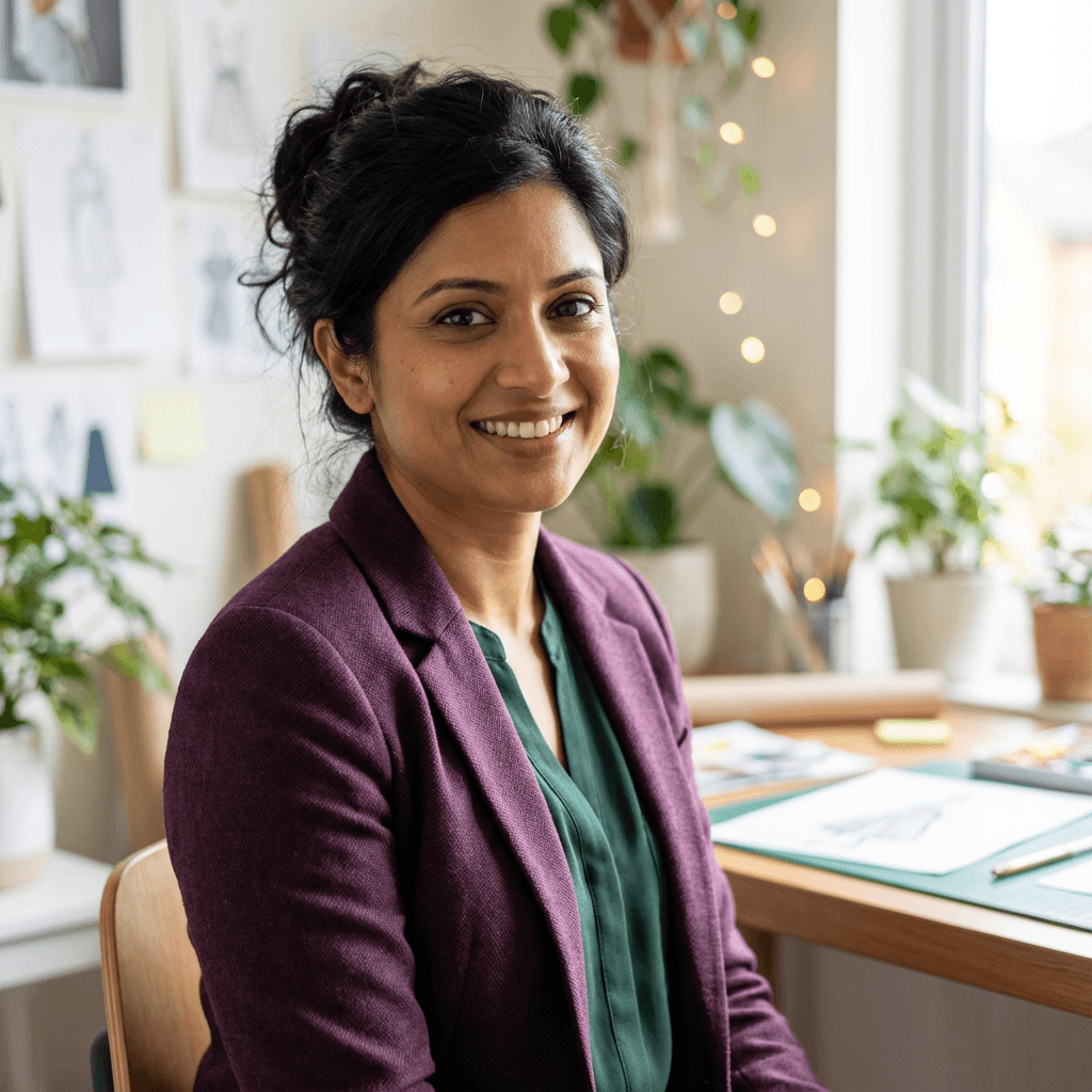 Female survivor in her early 30s, South Asian, vulnerable but strong expression