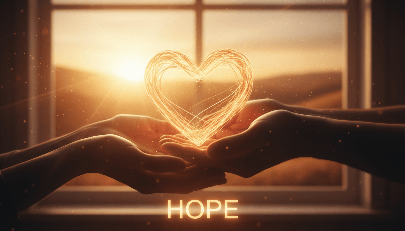 Hands cradling glowing heart symbol in warm sunlight, embodying hope and generosity.