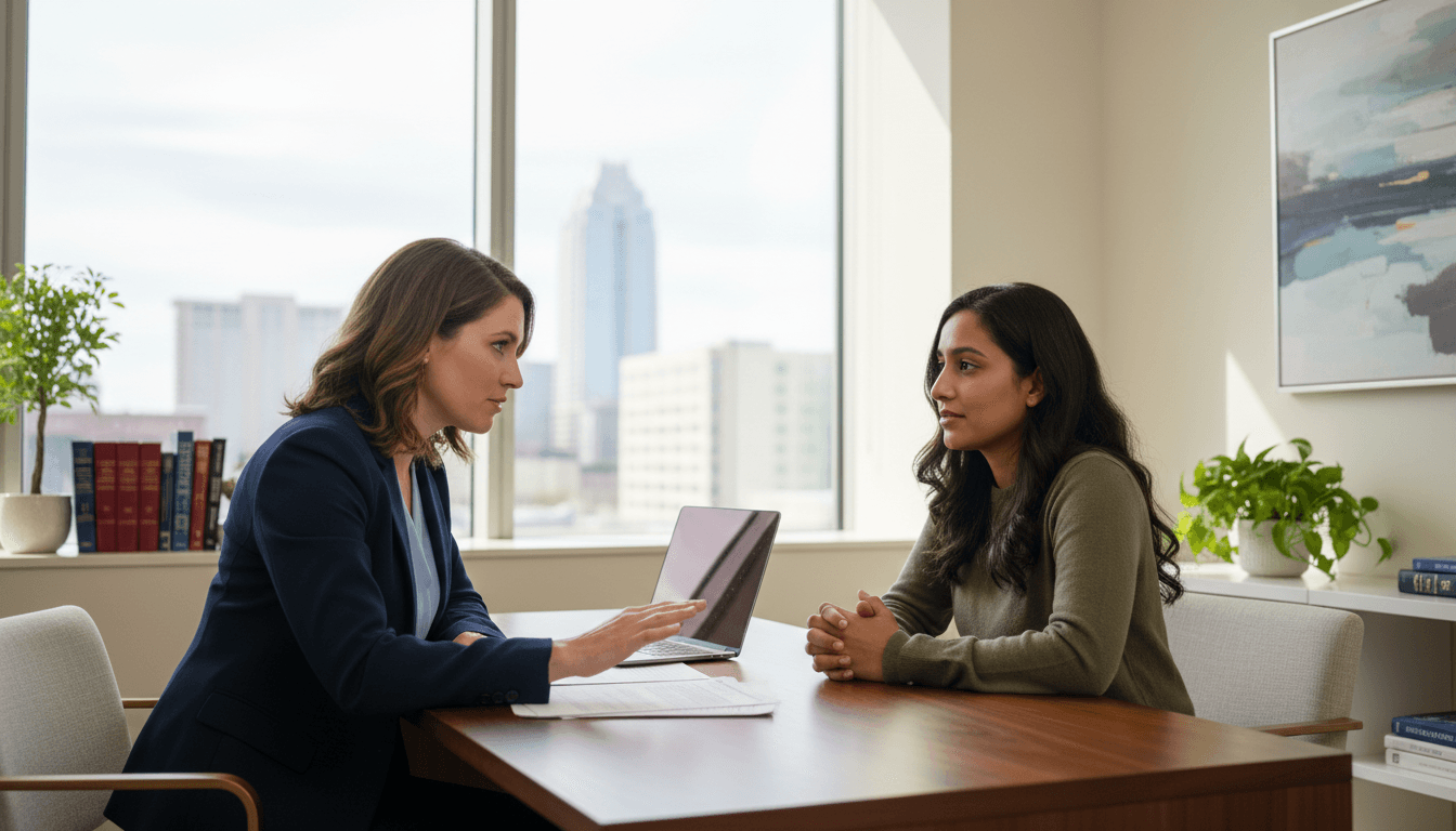 Attorney Laura Politi discusses legal matters with a client in a modern office