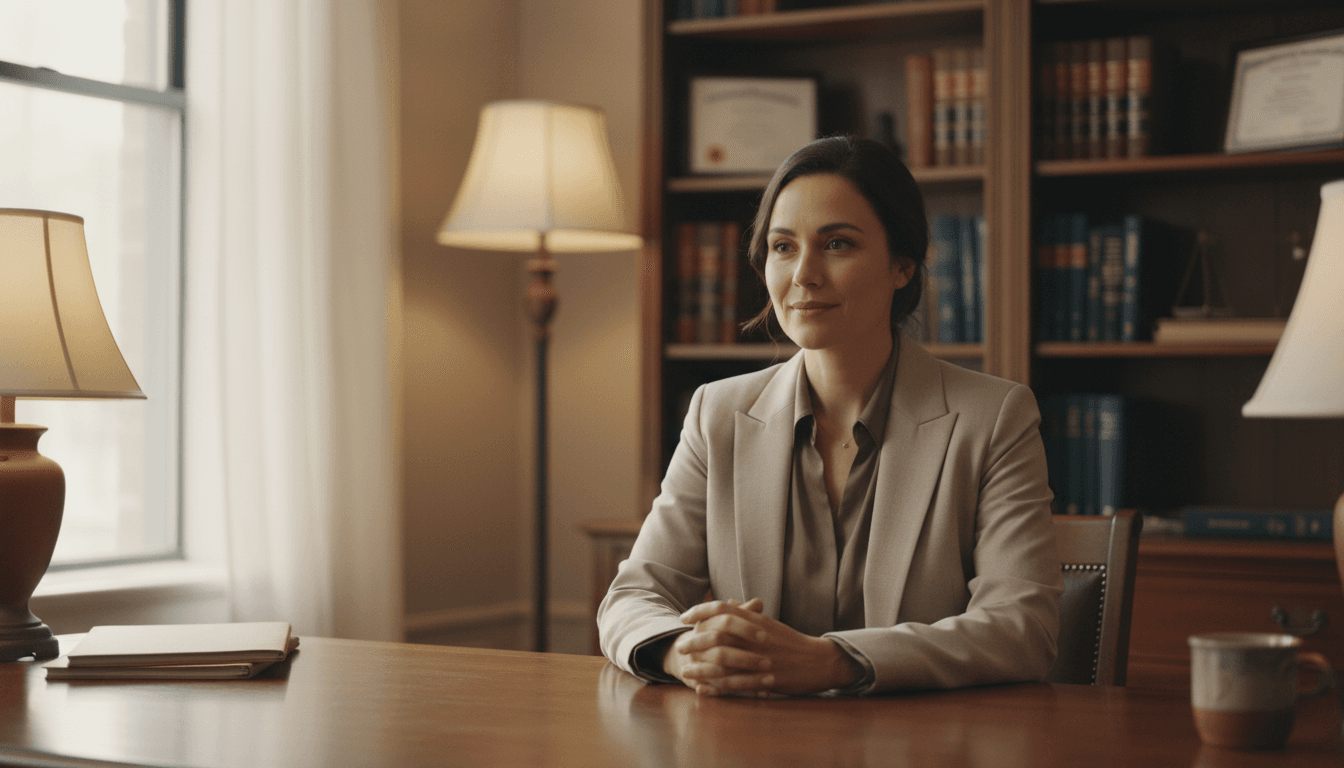 Lawyer Laura Politi sitting at her desk in a quiet Austin office, conveying a calm and caring presence