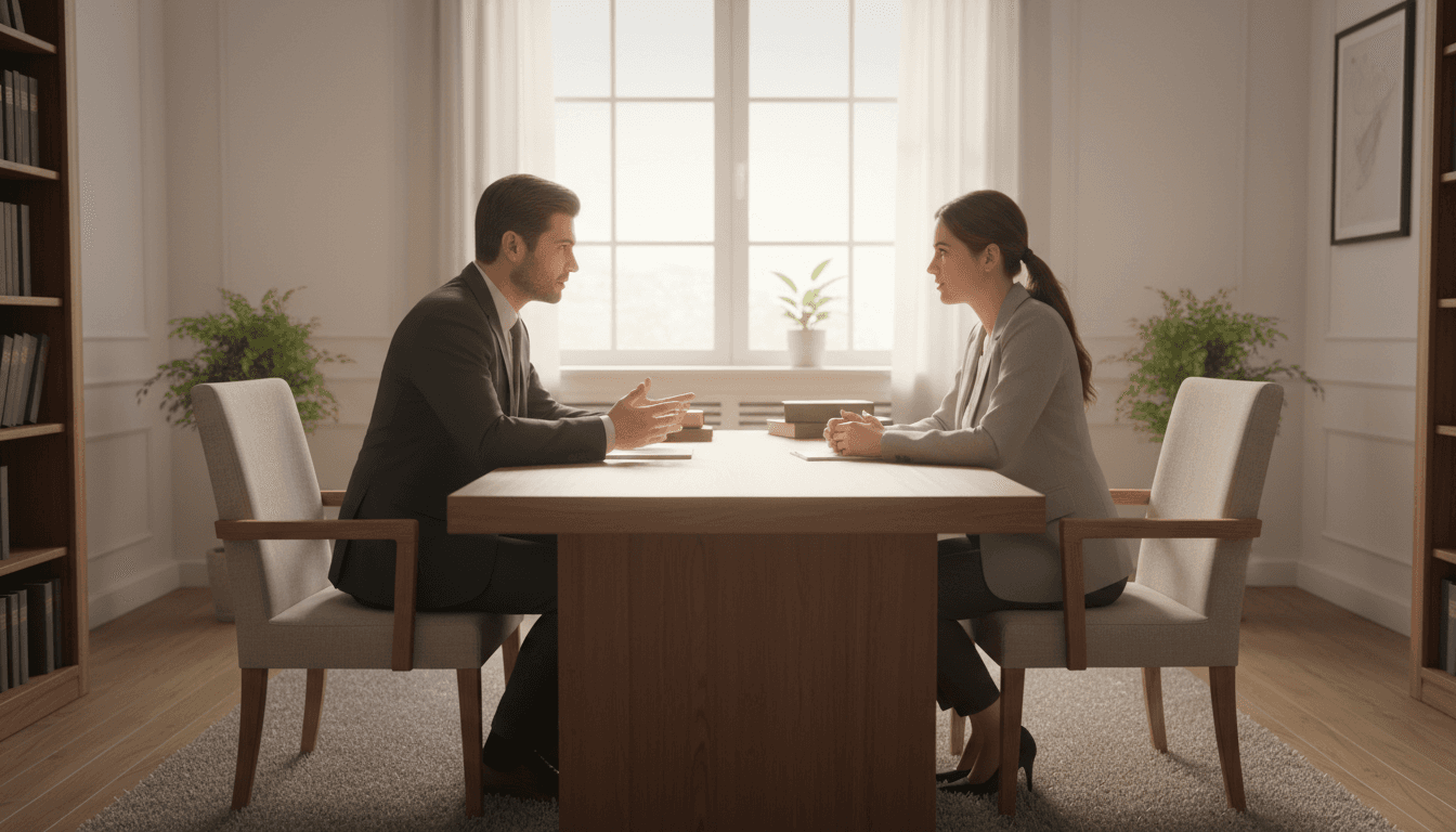 Attorney and client in a quiet conversation