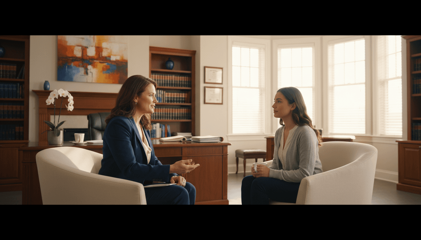 Female attorney speaking with client in warm law office