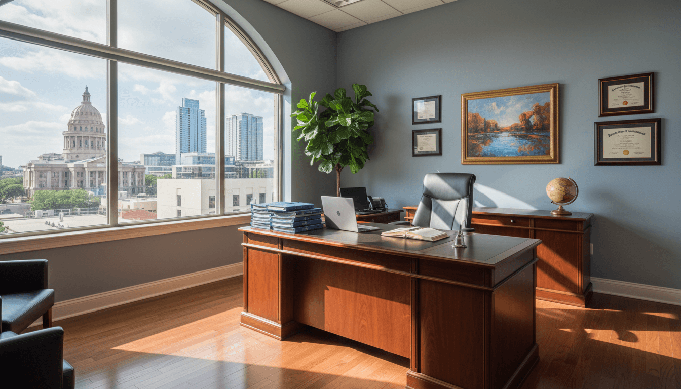 Law office desk with legal documents and soft natural light