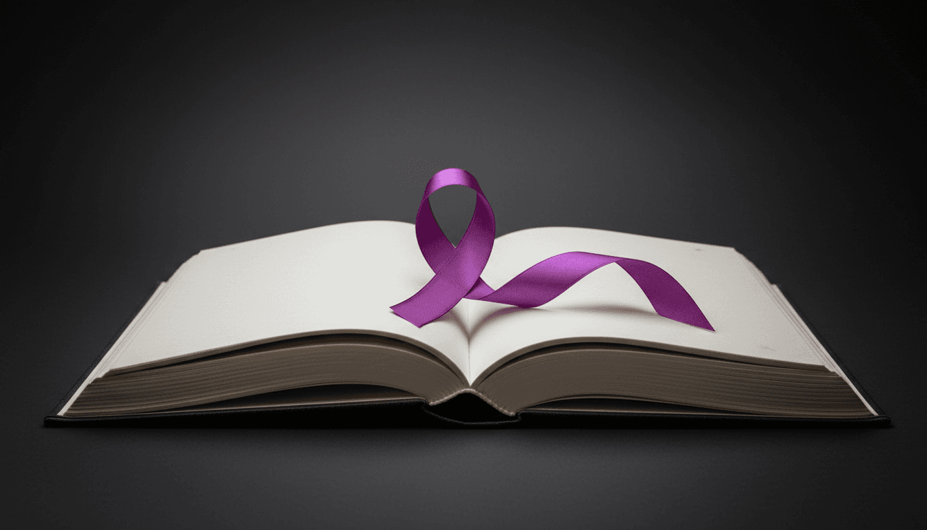 Awareness ribbon on open book, dark background, professional and clean design.