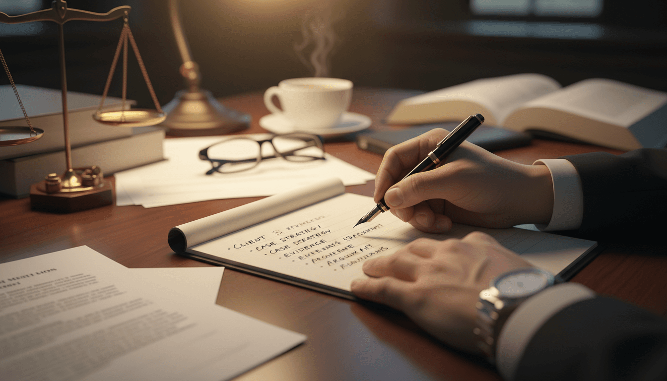 Lawyer's hands writing on a legal pad