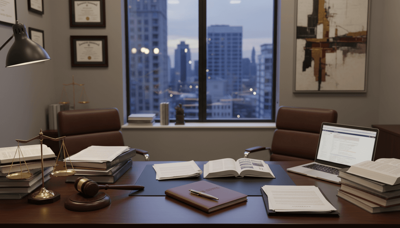Professional law firm desk with gavel and legal documents in modern office.
