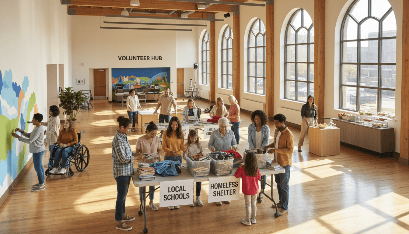 Group of volunteers collaborating around a table in a bright community center