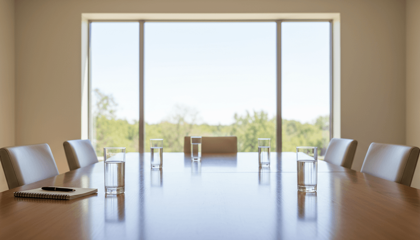 Empty conference table prepared for a meeting