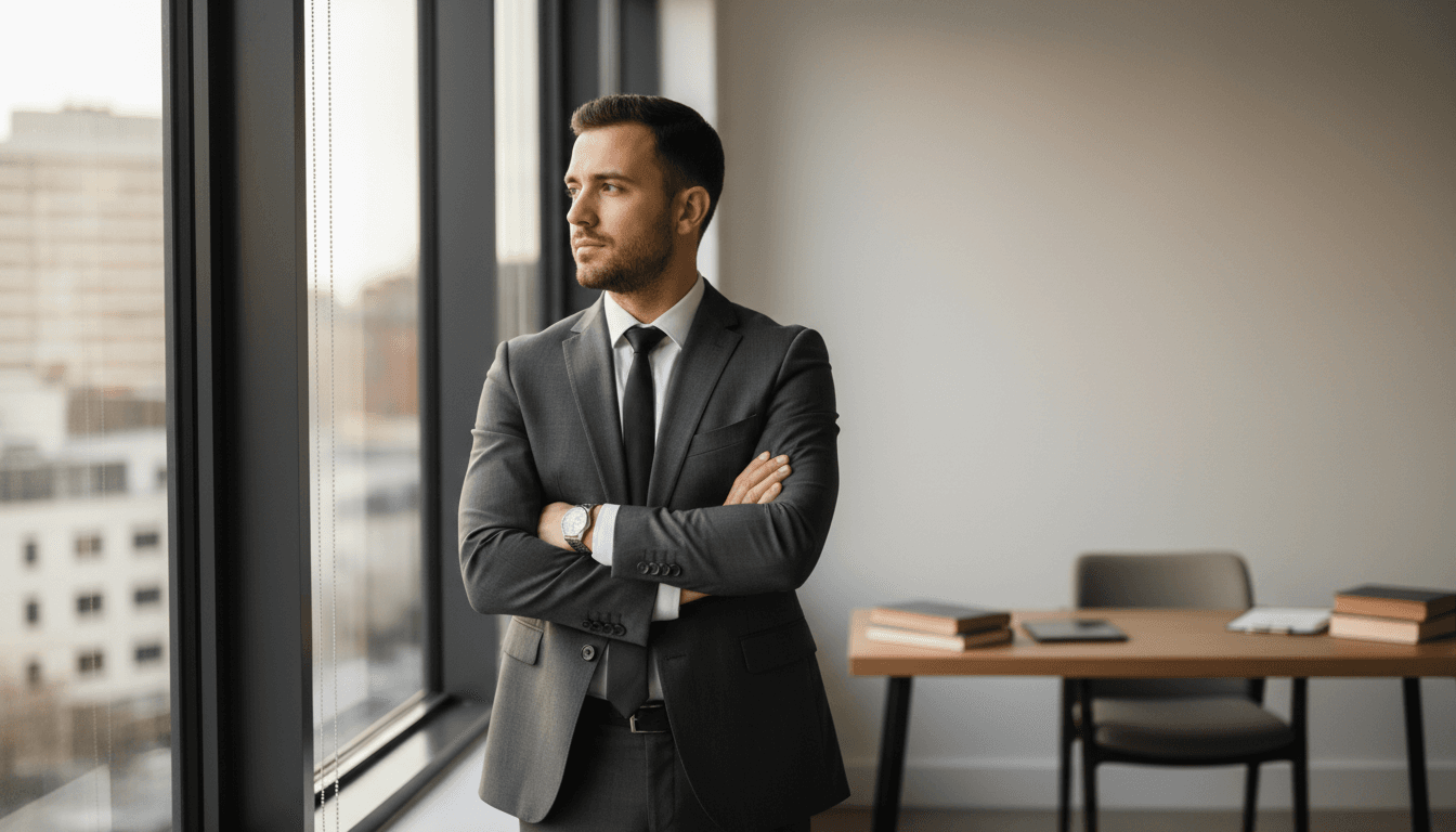 Attorney standing by an office window