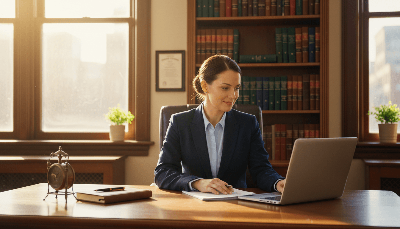 Laura Politi sitting at a desk in her Austin law office with law books in the background