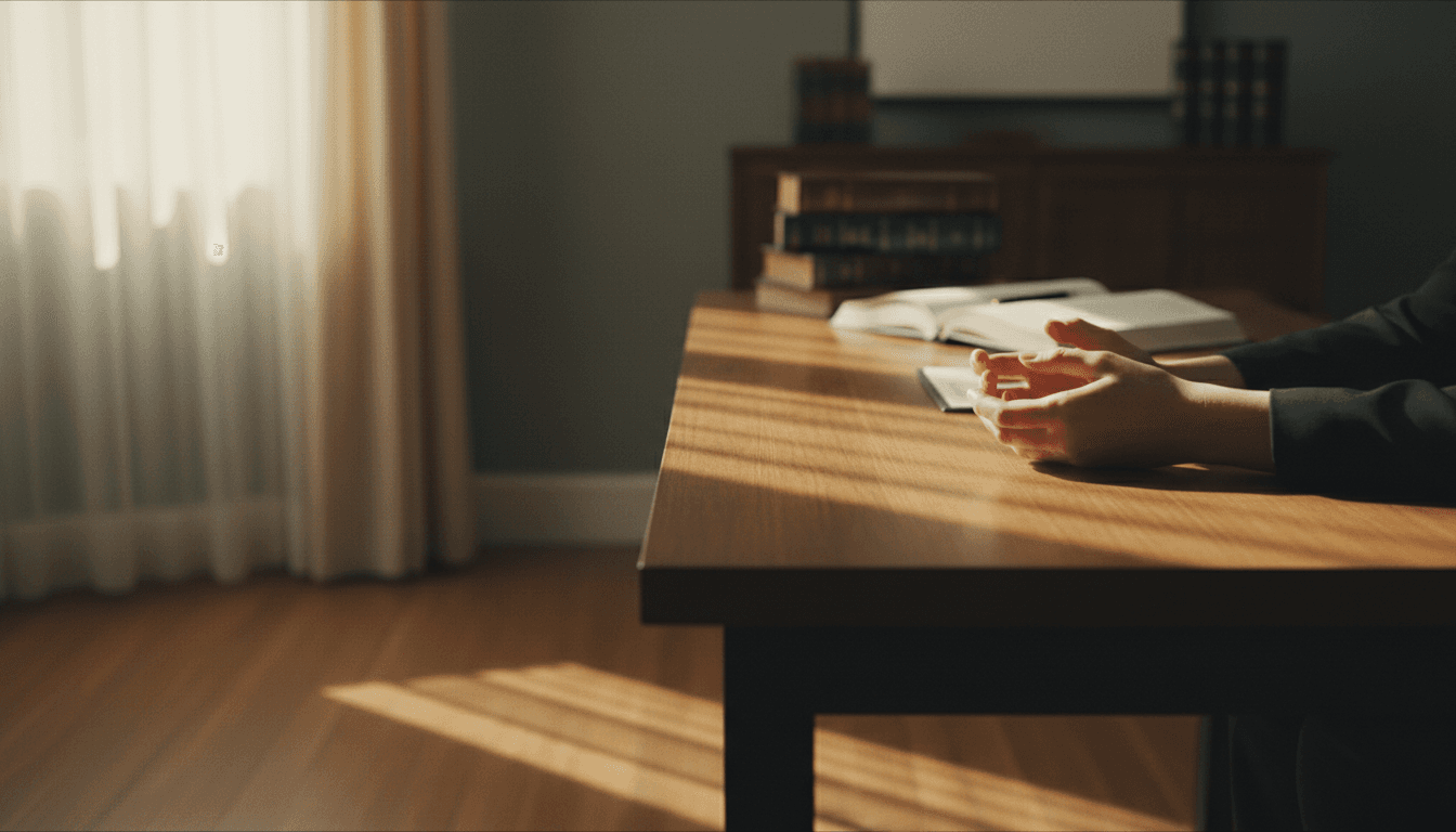 Hands resting on a table in a sunlight-filled consultation room