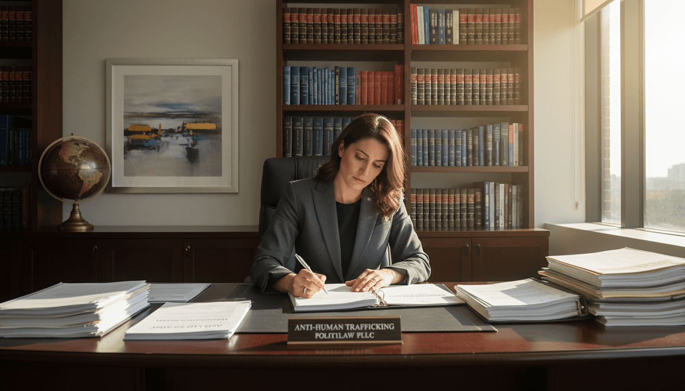 Attorney Laura Politi reviewing documents in a professional office with warm lighting and elegant decor