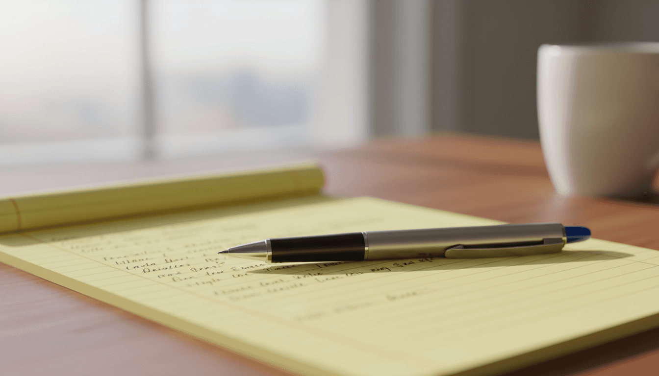 Legal pad with handwritten notes and a pen