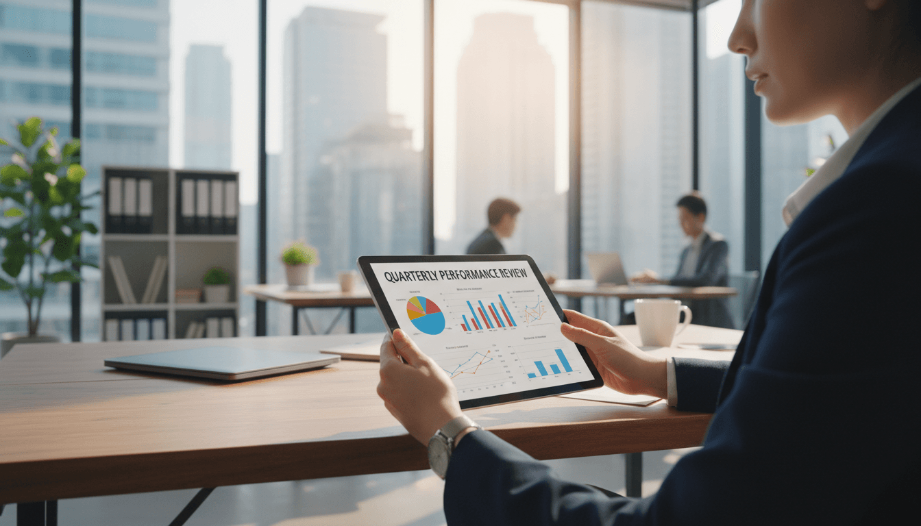 Accountant or auditor reviewing financial charts on tablet in bright office