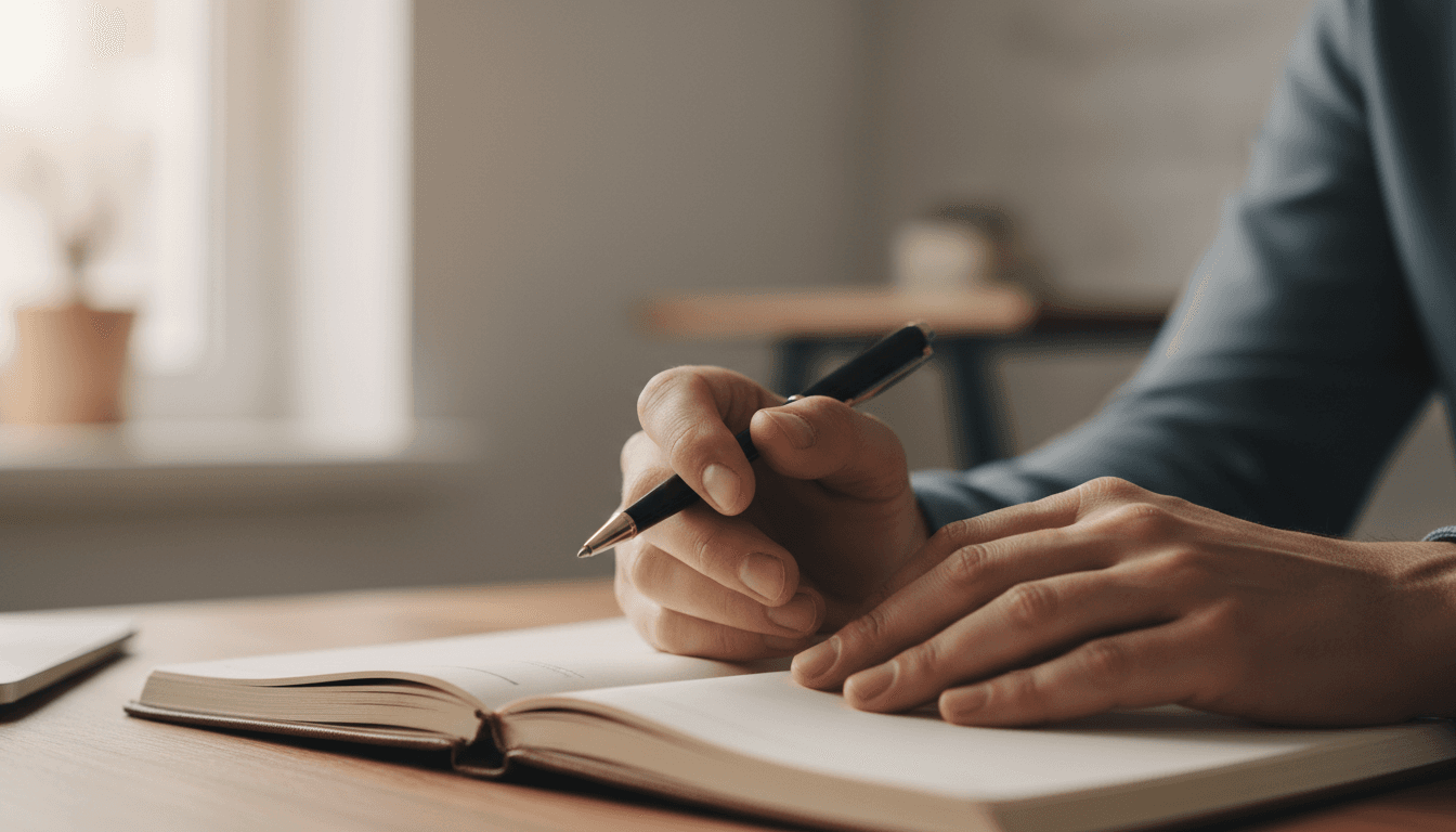 Lawyer's hands with a notebook and pen, ready to listen
