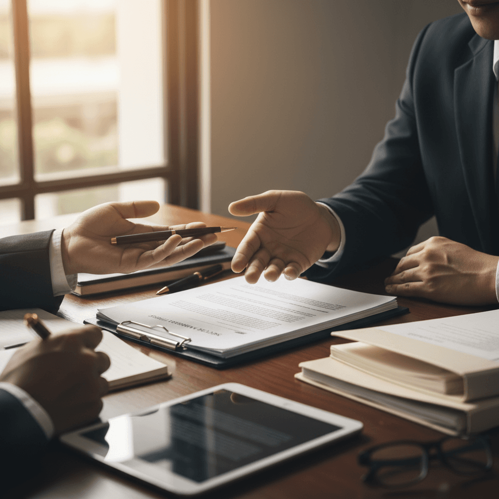 Attorney gesturing while explaining legal documents to client across desk during consultation meeting
