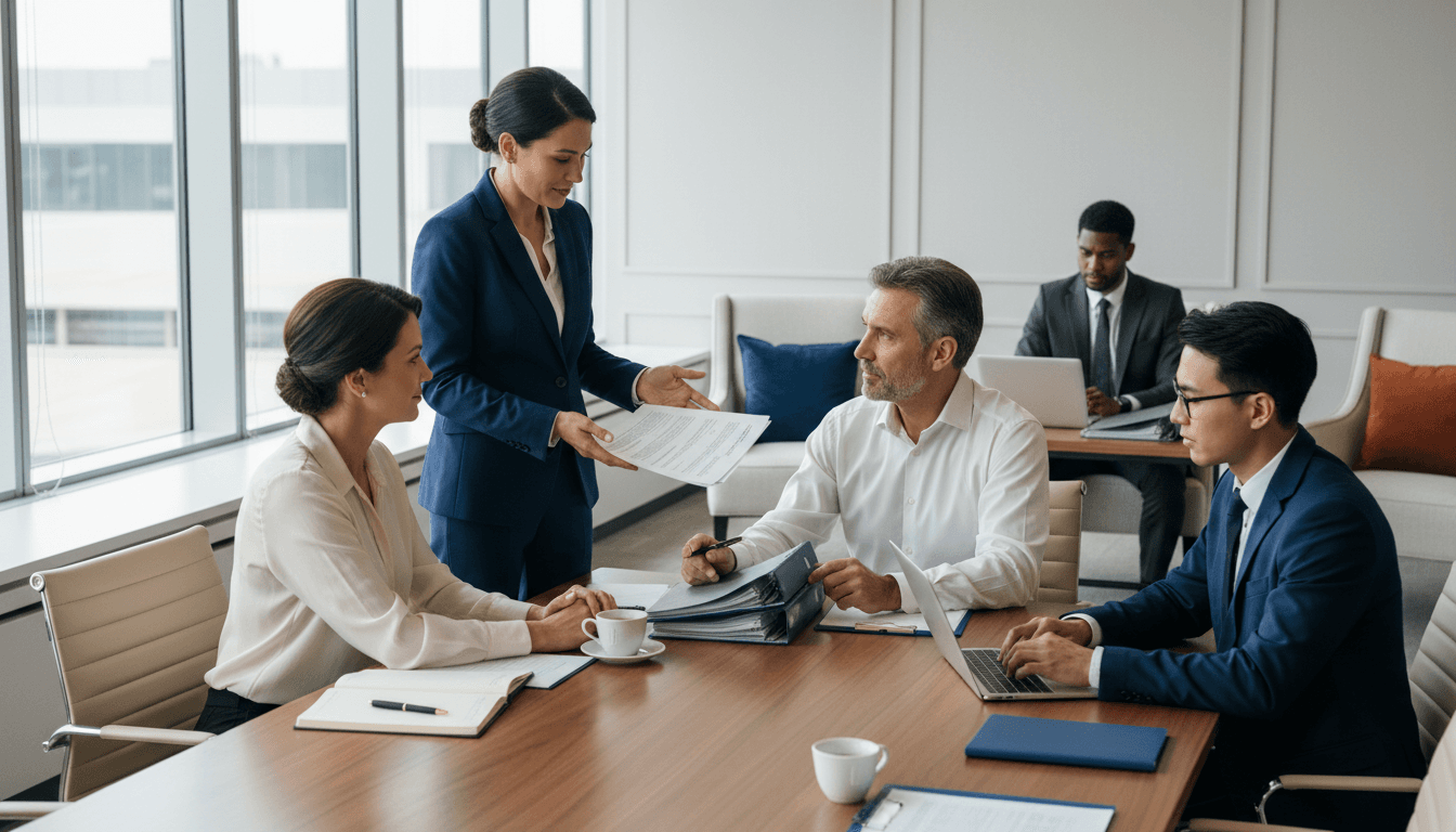 Diverse legal team consulting with clients in a modern conference room, reviewing documents and case materials