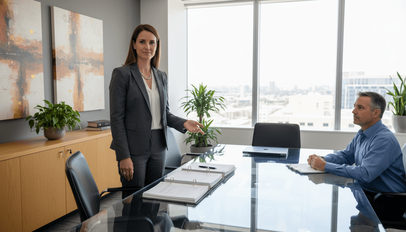 Attorney meeting with client in professional office setting