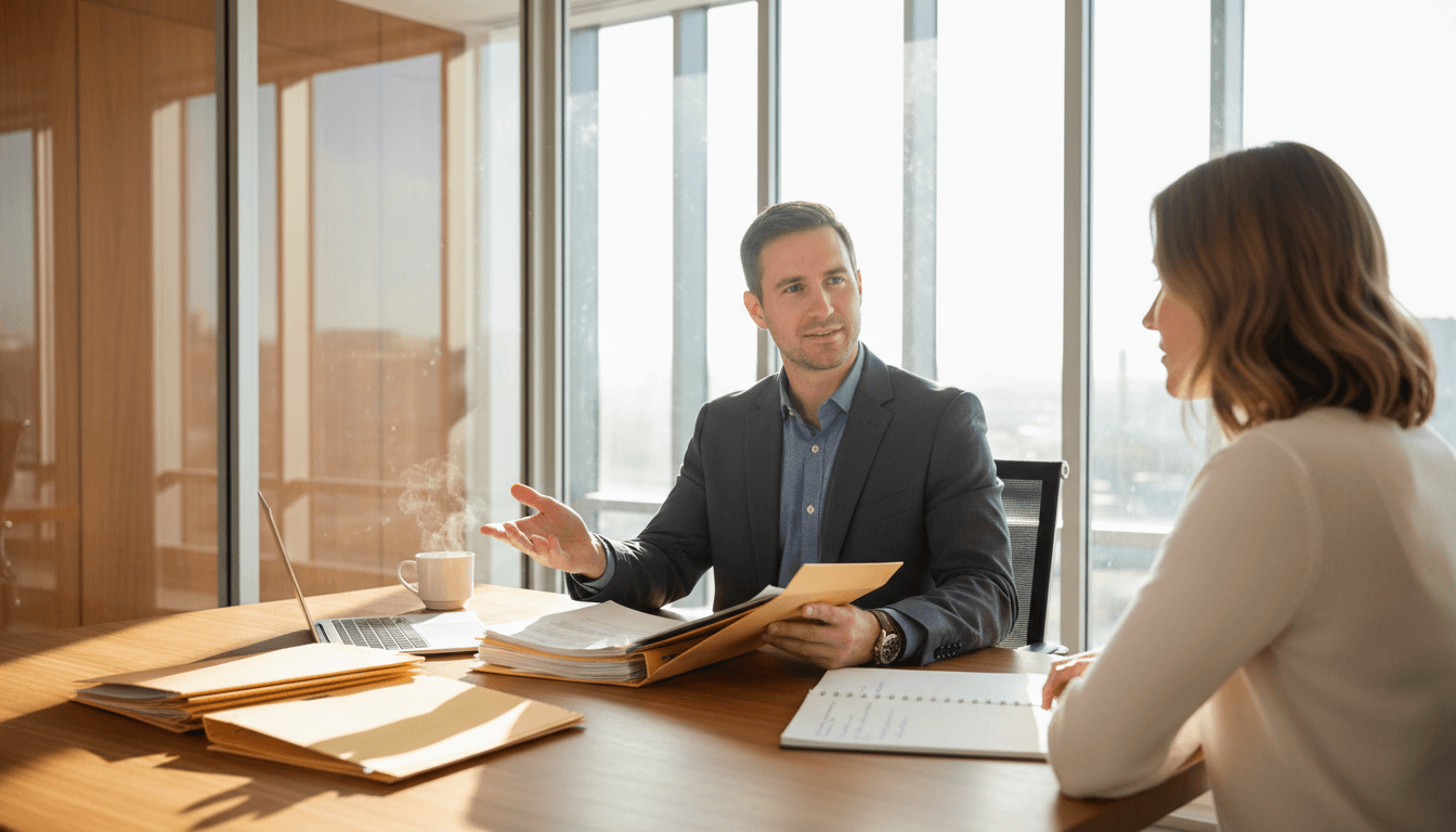Attorney discussing case with client in professional law office setting