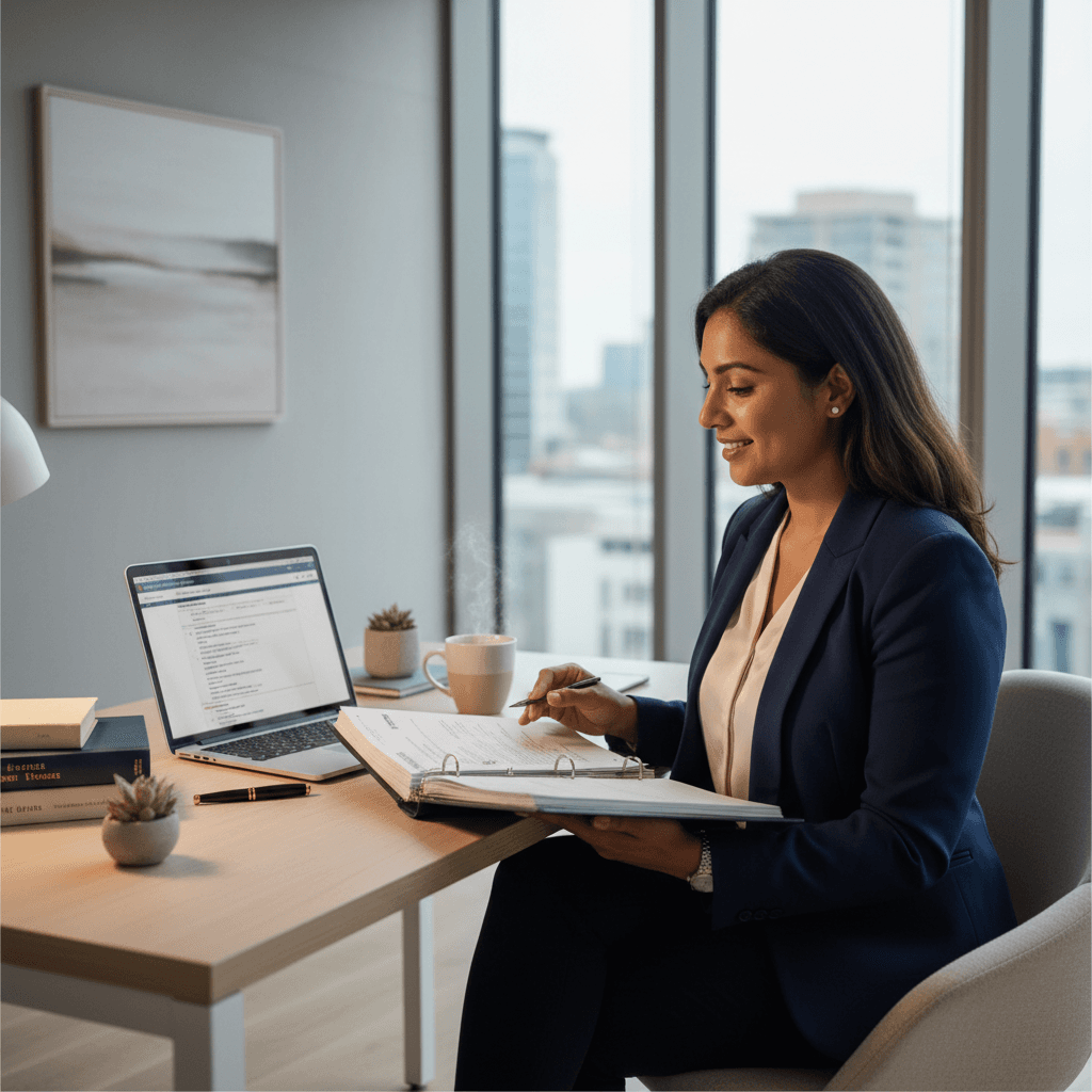 Attorney in conversation with client in professional office setting
