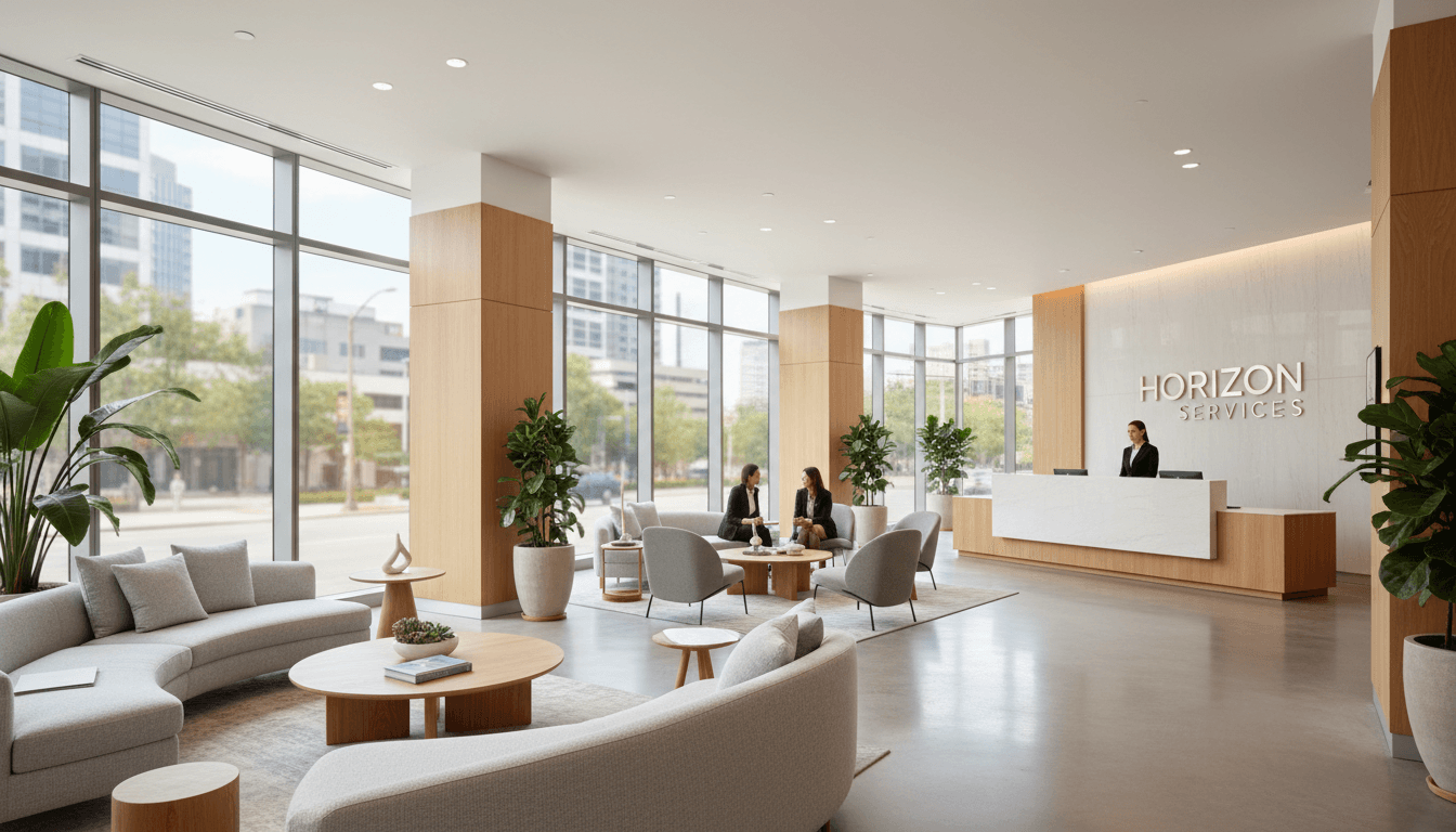 Bright modern professional office lobby with floor-to-ceiling windows and contemporary seating