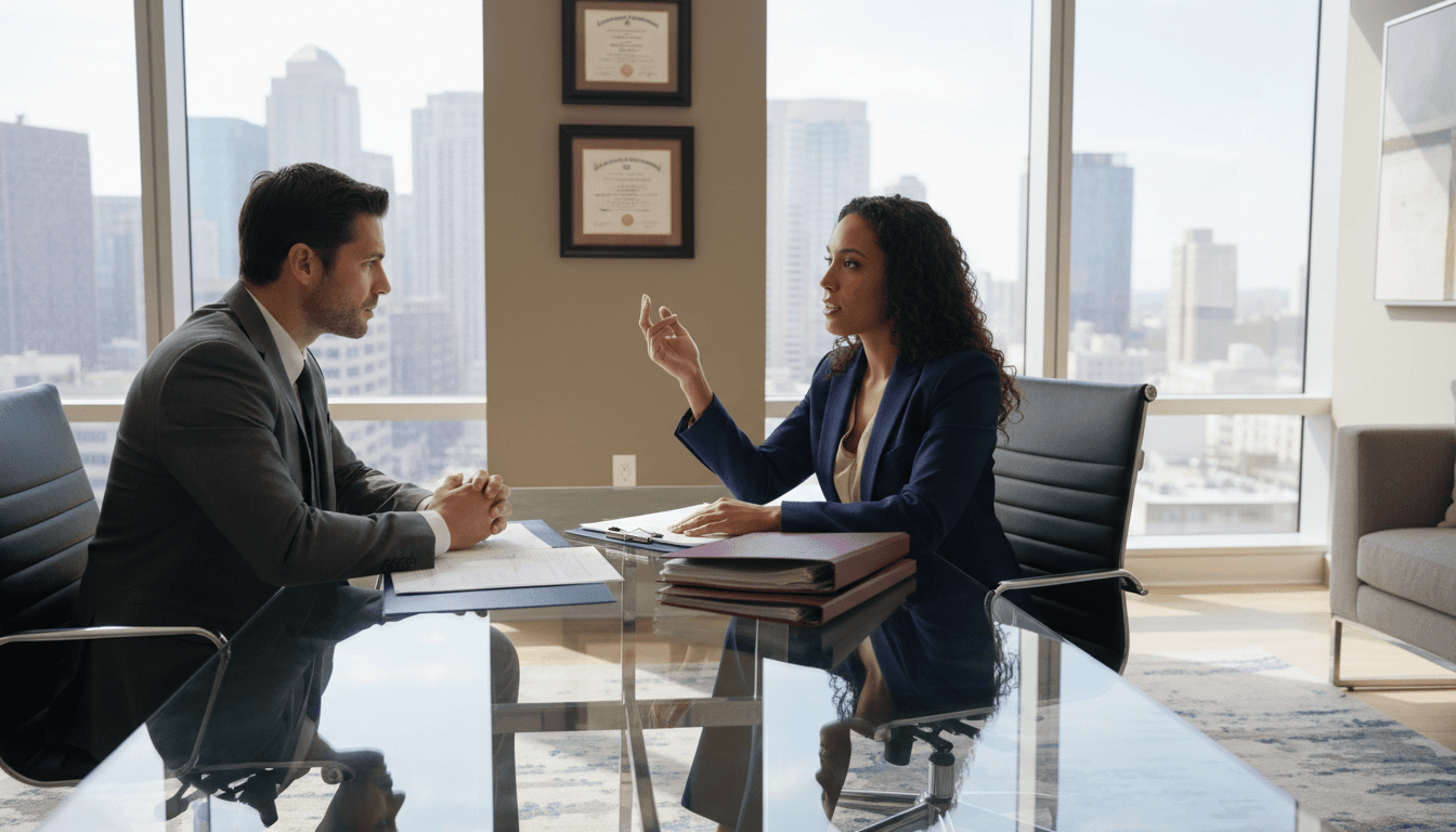 Professional attorney in Austin law office discussing case with client