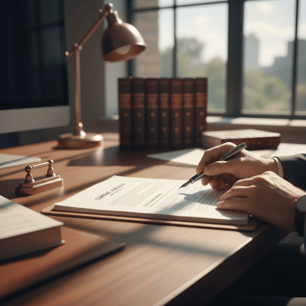 Legal documents and review materials on office desk