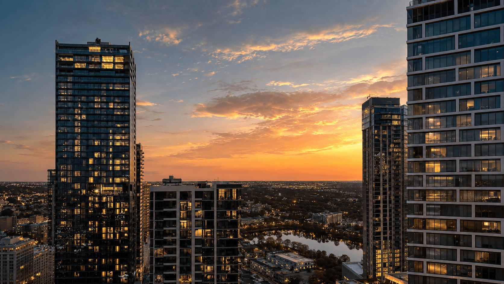 Modern skyscrapers with glowing windows against a vibrant orange sunset sky overlooking a city landscape.
