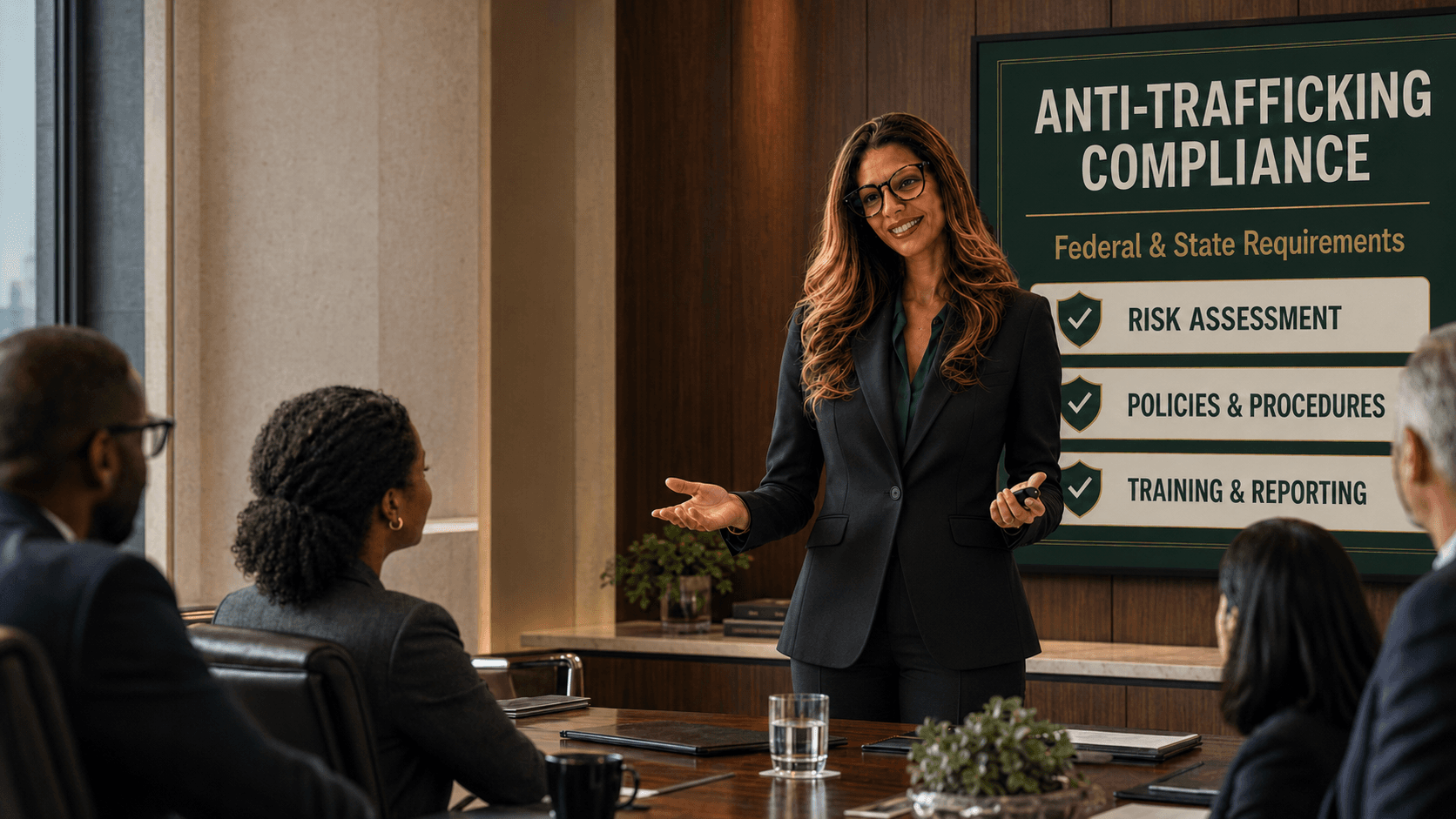 Woman presenting anti-trafficking compliance requirements to a group of professionals in a boardroom.