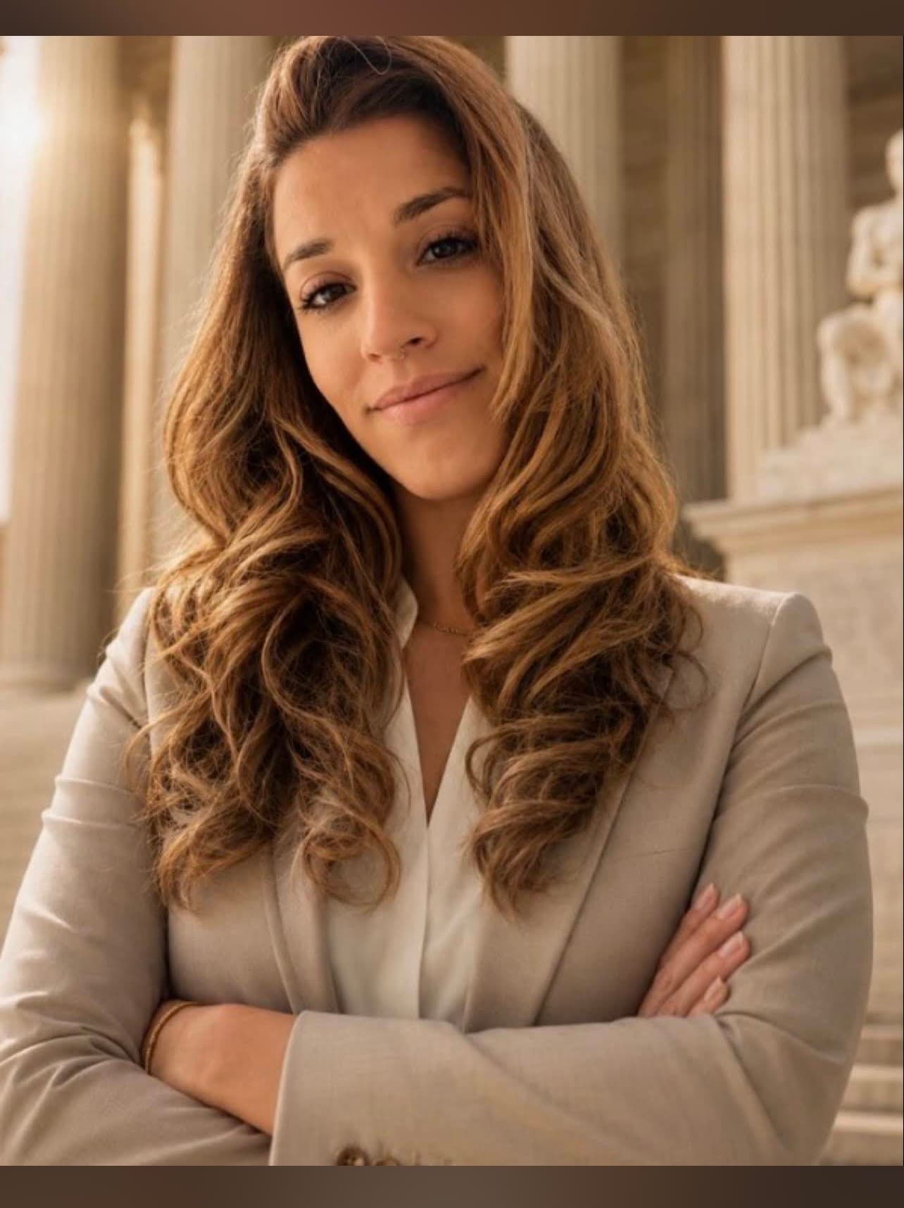 Professional woman with long wavy hair in a beige blazer, arms crossed before classical stone columns.