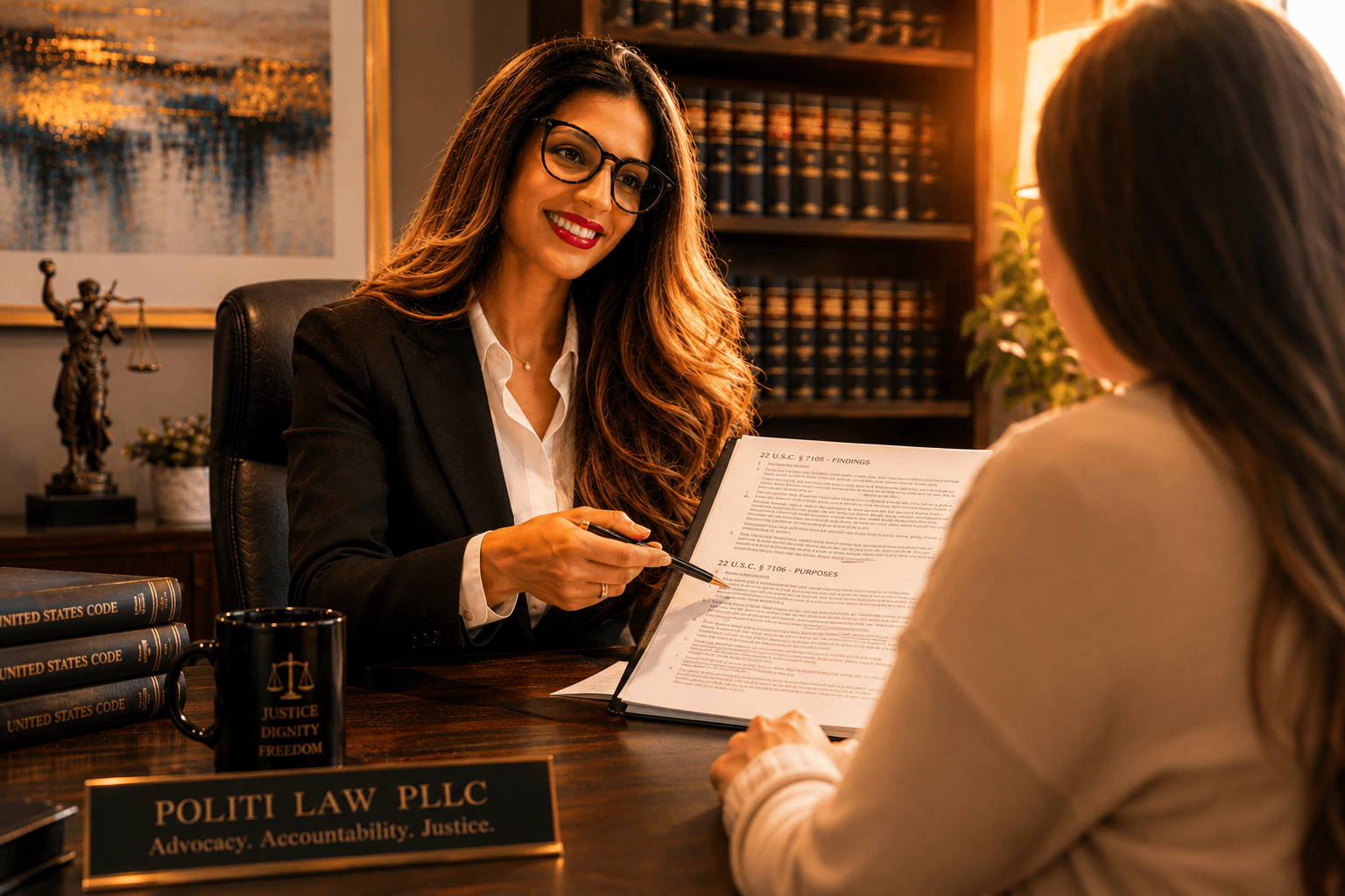Smiling female lawyer points to a legal document during a consultation with a client.