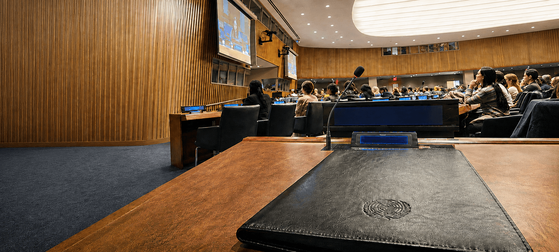 UN folder on a desk in a large conference hall with an audience and screens.